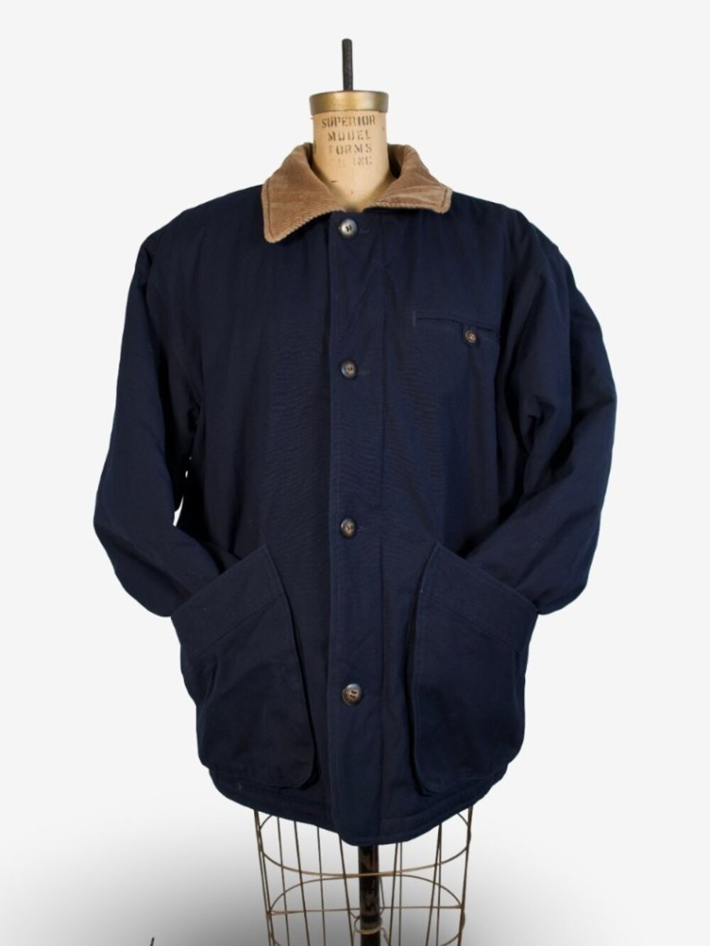 Vintage R&R Classic Navy Cotton Brown Corduroy Neck Insulated Overcoat